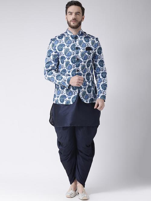 navy blue solid dhoti kurta set with printed bandhgala jacket - 17585726 - Standard Image - 1