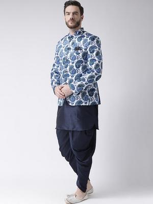 navy blue solid dhoti kurta set with printed bandhgala jacket - 17585726 - Standard Image - 2