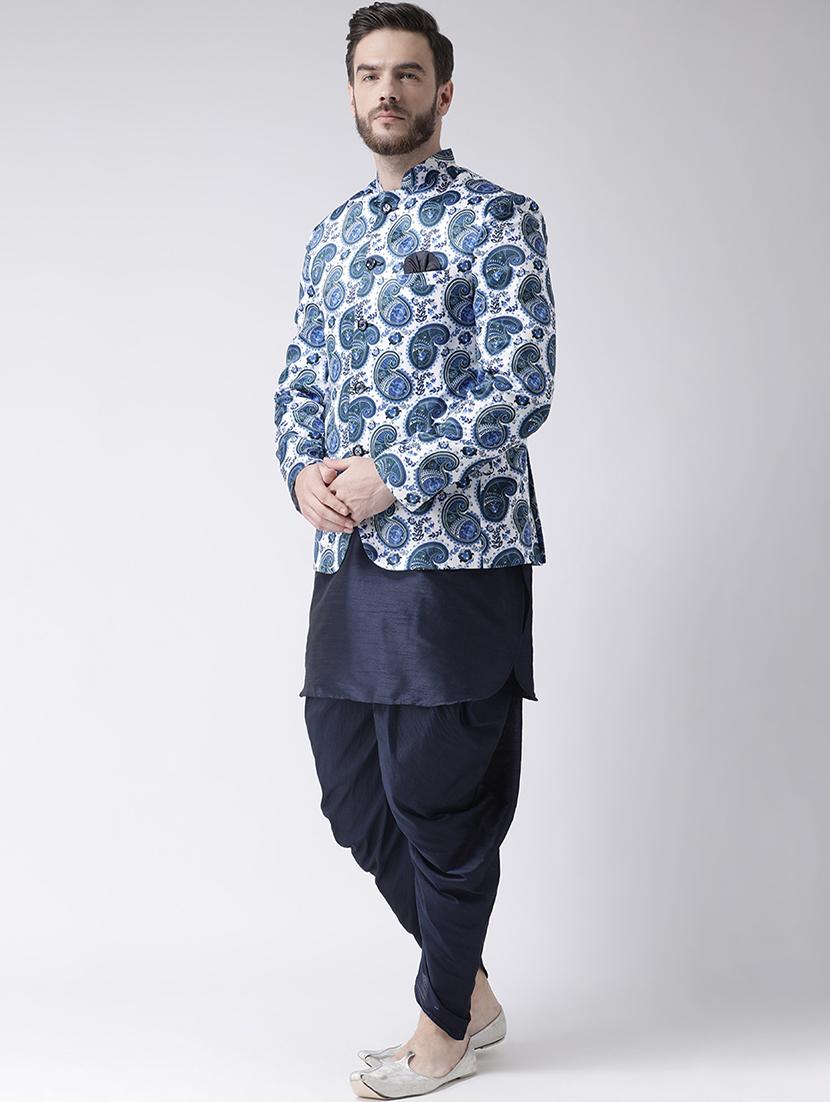 navy blue solid dhoti kurta set with printed bandhgala jacket - 17585726 - Zoom Image - 2