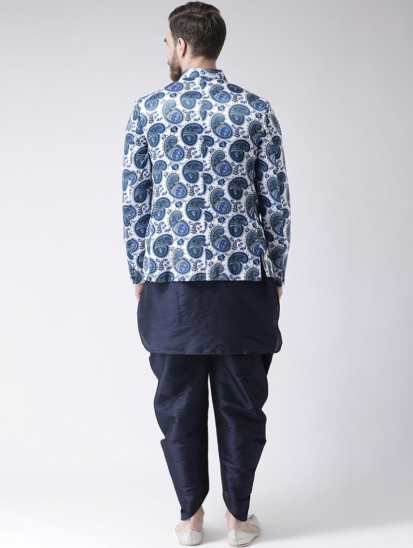 navy blue solid dhoti kurta set with printed bandhgala jacket - 17585726 - Zoom Image - 3