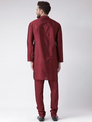 maroon silk blend solid kurta pyjama set - 17585781 - Standard Image - 3