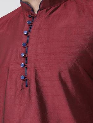 maroon silk blend solid kurta pyjama set - 17585781 - Standard Image - 4