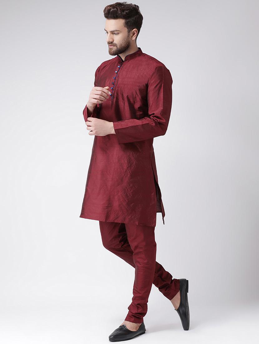 maroon silk blend solid kurta pyjama set - 17585781 - Zoom Image - 2