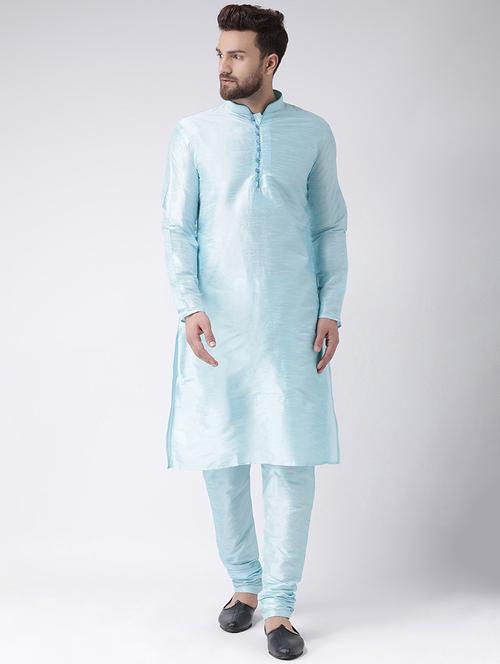 blue solid silk blend kurta pyjama set - 17585783 - Standard Image - 1
