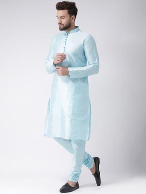 blue solid silk blend kurta pyjama set - 17585783 - Standard Image - 2