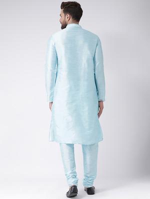blue solid silk blend kurta pyjama set - 17585783 - Standard Image - 3