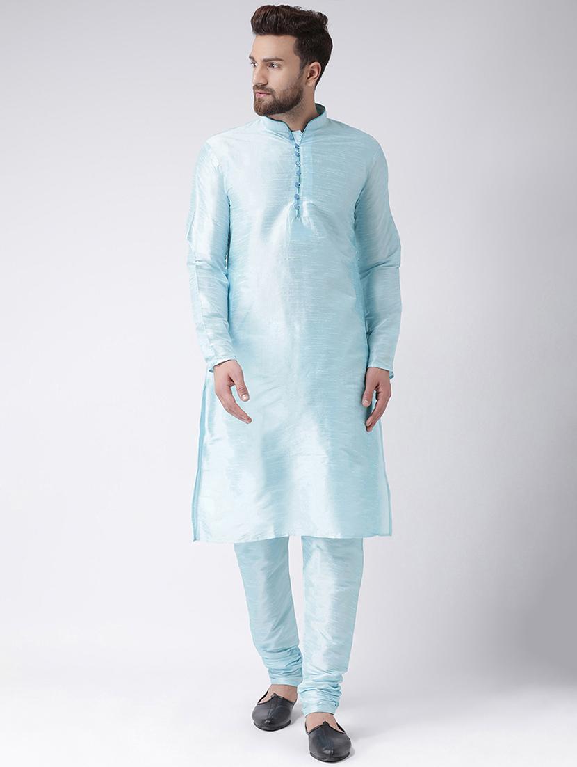 blue solid silk blend kurta pyjama set - 17585783 - Zoom Image - 1