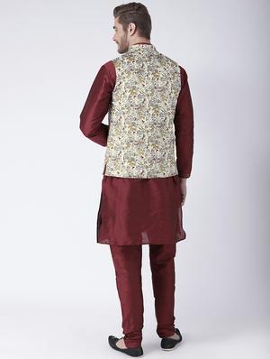 maroon solid kurta pyjama set with yellow printed nehru jacket - 17585934 - Standard Image - 3