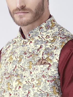 maroon solid kurta pyjama set with yellow printed nehru jacket - 17585934 - Standard Image - 4