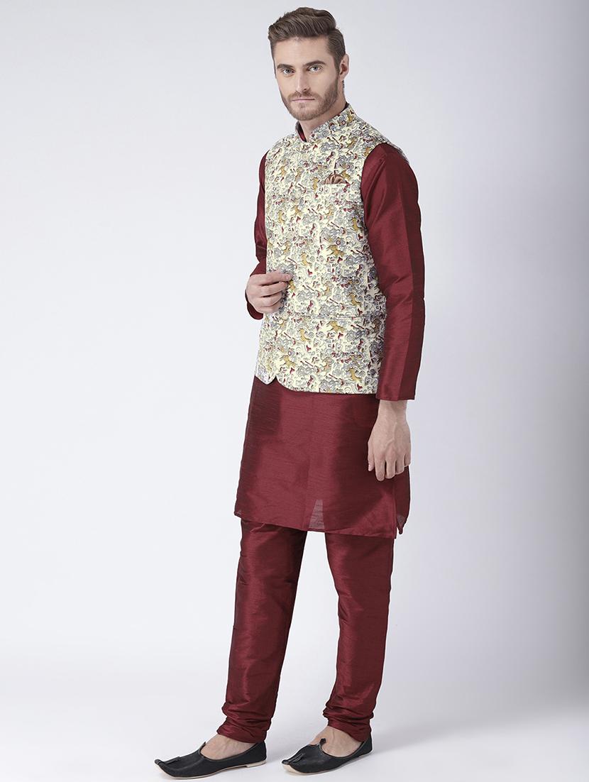 maroon solid kurta pyjama set with yellow printed nehru jacket - 17585934 - Zoom Image - 2
