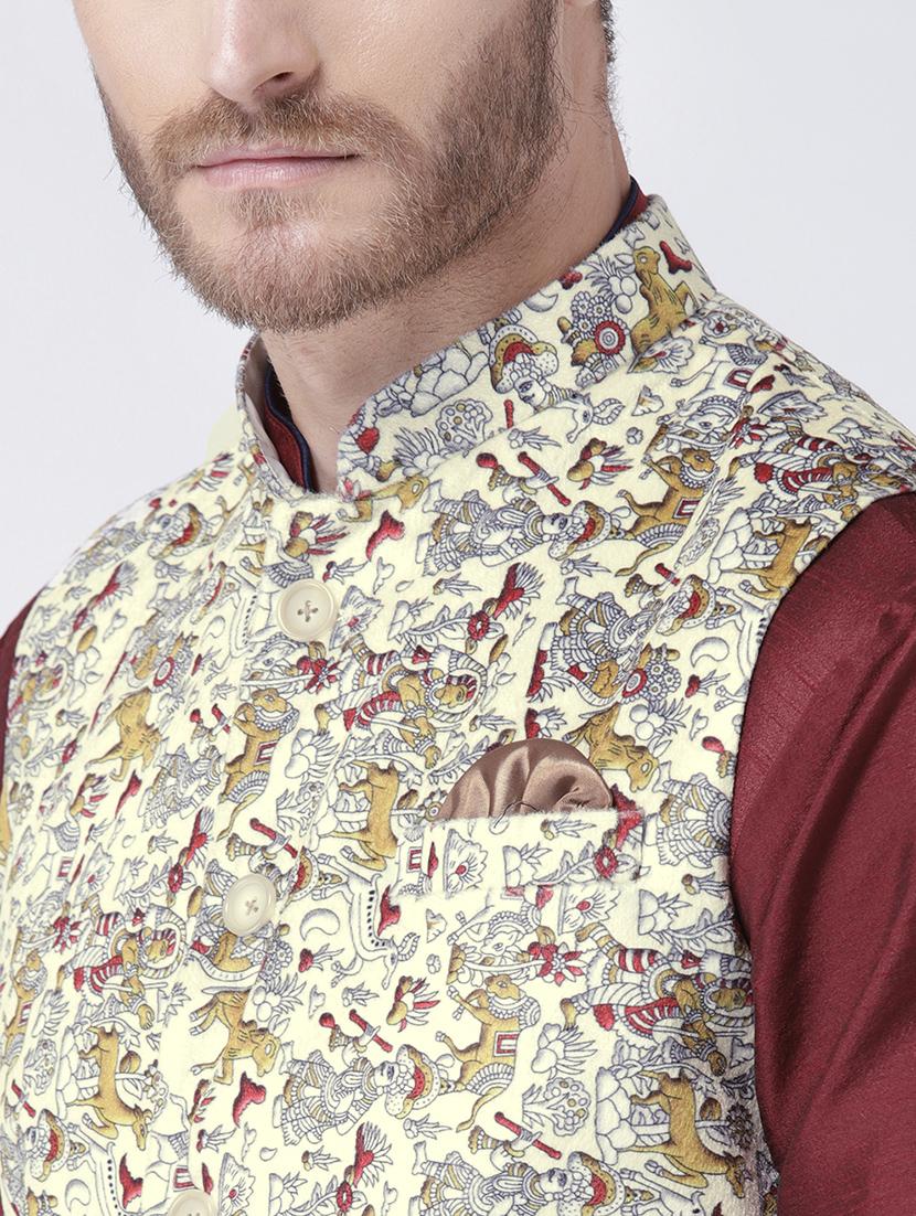 maroon solid kurta pyjama set with yellow printed nehru jacket - 17585934 - Zoom Image - 4