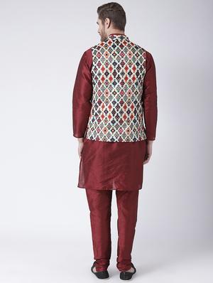 maroon solid kurta pyjama set with off white printed nehru jacket - 17585935 - Standard Image - 3