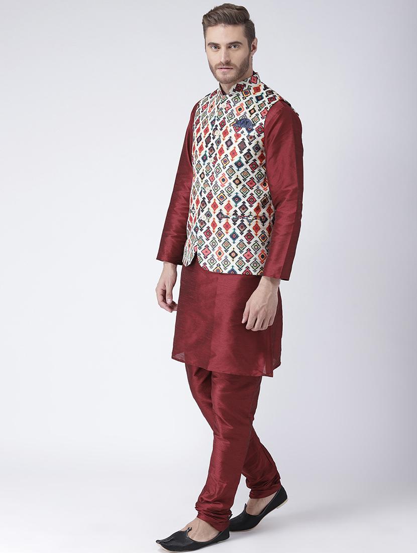 maroon solid kurta pyjama set with off white printed nehru jacket - 17585935 - Zoom Image - 2