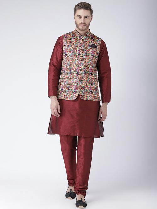 maroon solid kurta pyjama set with multi colored printed nehru jacket - 17585936 - Standard Image - 1