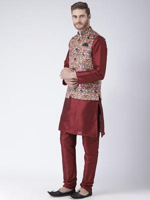 maroon solid kurta pyjama set with multi colored printed nehru jacket - 17585936 - Standard Image - 2