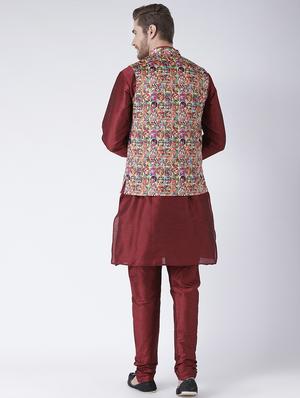 maroon solid kurta pyjama set with multi colored printed nehru jacket - 17585936 - Standard Image - 3