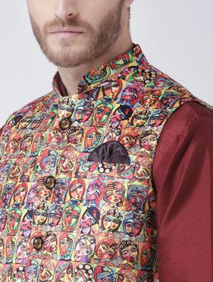 maroon solid kurta pyjama set with multi colored printed nehru jacket - 17585936 - Standard Image - 4