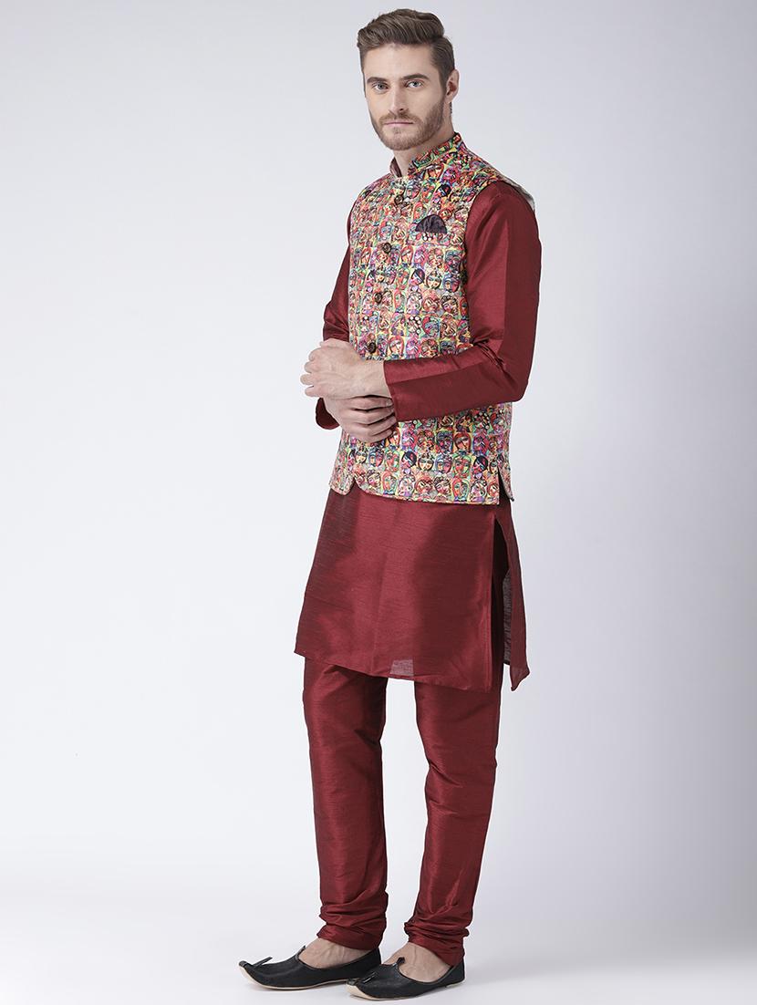 maroon solid kurta pyjama set with multi colored printed nehru jacket - 17585936 - Zoom Image - 2