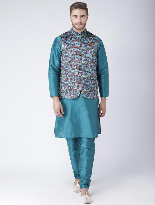 green solid kurta pyjama set with green floral nehru jacket - 17585939 - Standard Image - 1