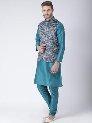 green solid kurta pyjama set with green floral nehru jacket - 17585939 - Standard Image - 2