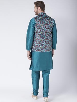 green solid kurta pyjama set with green floral nehru jacket - 17585939 - Standard Image - 3