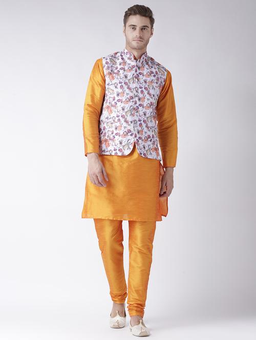 orange solid kurta pyjama set with white floral nehru jacket - 17585940 - Standard Image - 1