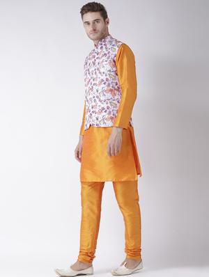 orange solid kurta pyjama set with white floral nehru jacket - 17585940 - Standard Image - 2