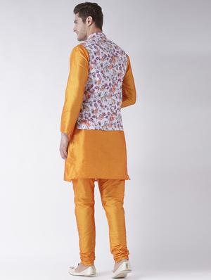 orange solid kurta pyjama set with white floral nehru jacket - 17585940 - Standard Image - 3
