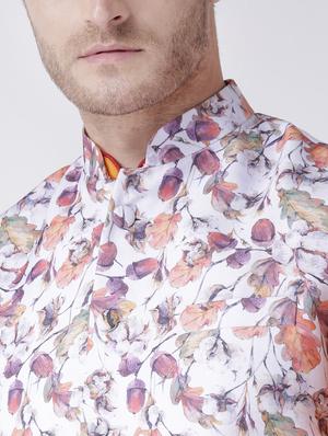 orange solid kurta pyjama set with white floral nehru jacket - 17585940 - Standard Image - 4