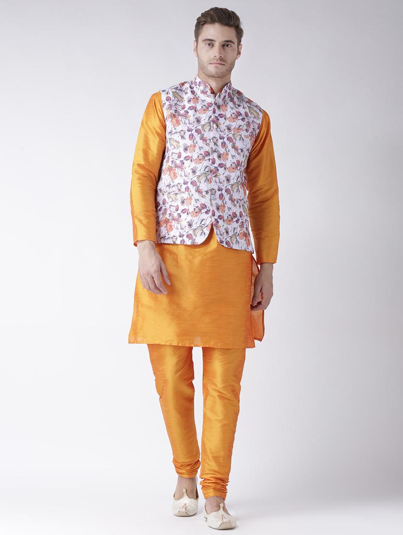 orange solid kurta pyjama set with white floral nehru jacket - 17585940 - Zoom Image - 1