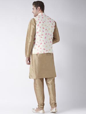 beige solid kurta pyjama set with printed nehru jacket - 17585945 - Standard Image - 3