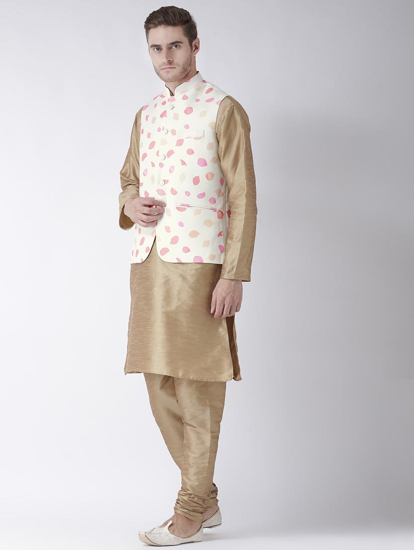 beige solid kurta pyjama set with printed nehru jacket - 17585945 - Zoom Image - 2