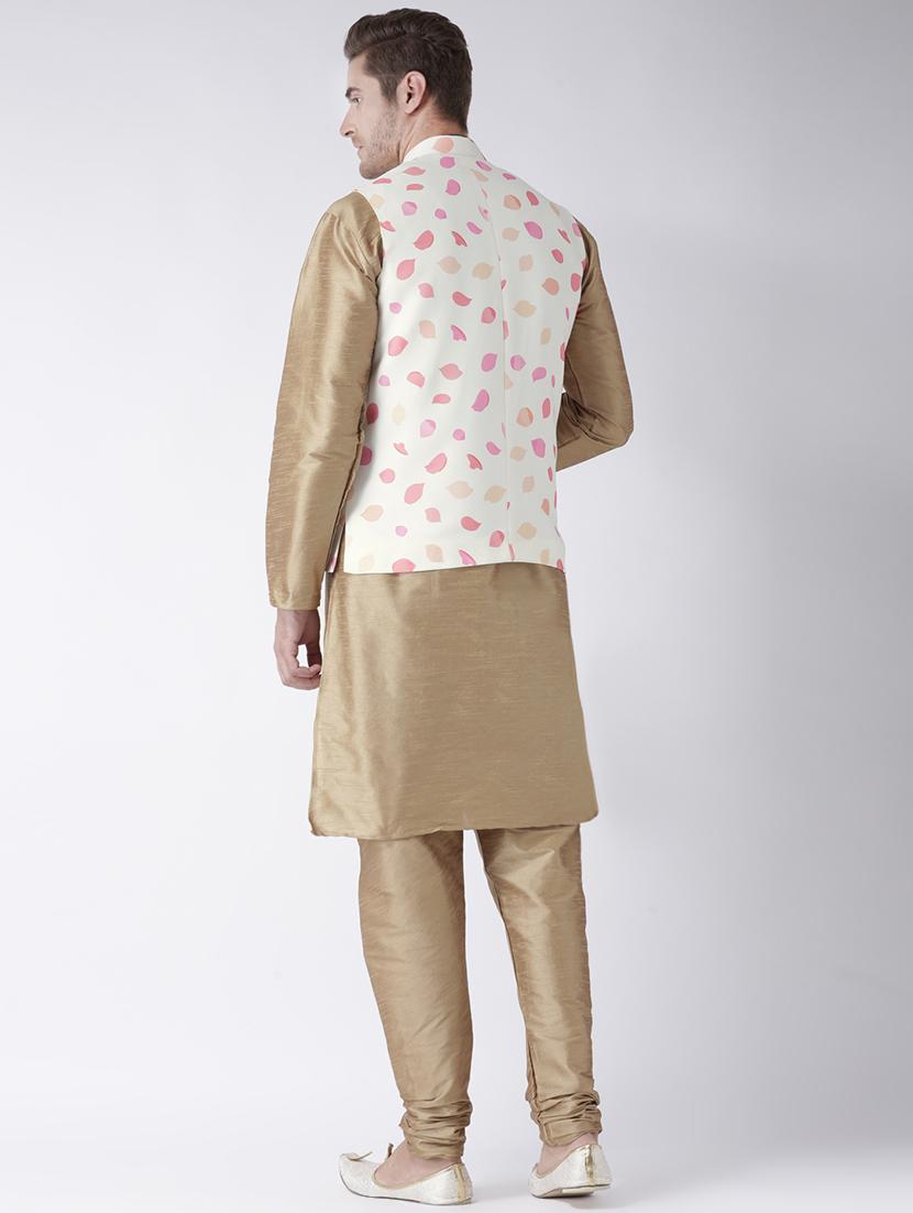 beige solid kurta pyjama set with printed nehru jacket - 17585945 - Zoom Image - 3