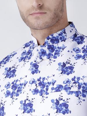 navy blue solid kurta pyjama set with printed nehru jacket - 17585948 - Standard Image - 4