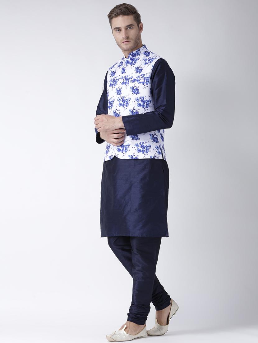 navy blue solid kurta pyjama set with printed nehru jacket - 17585948 - Zoom Image - 2