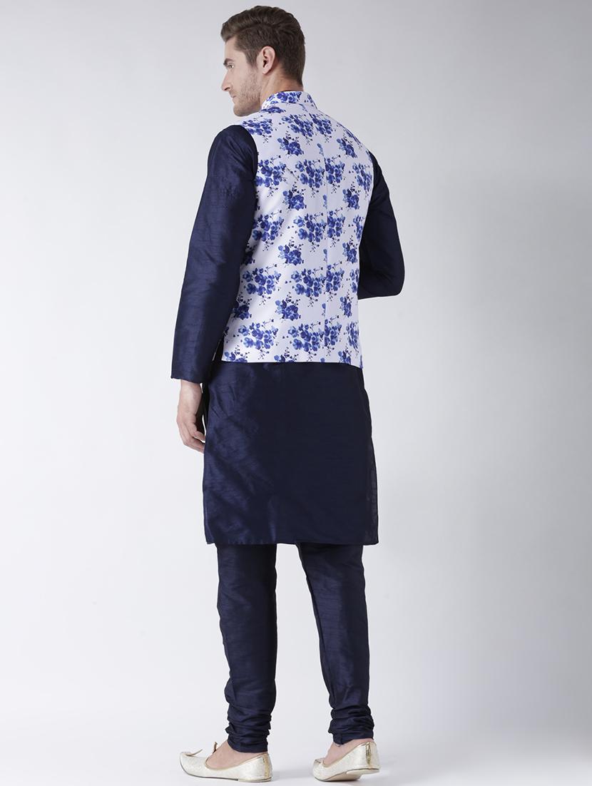 navy blue solid kurta pyjama set with printed nehru jacket - 17585948 - Zoom Image - 3