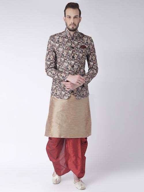 beige solid dhoti kurta set with printed bandhgala jacket - 17585958 - Standard Image - 1