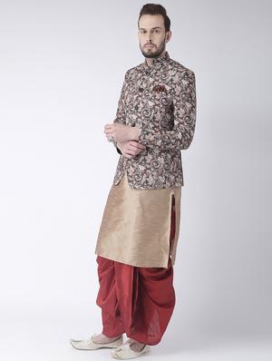 beige solid dhoti kurta set with printed bandhgala jacket - 17585958 - Standard Image - 2