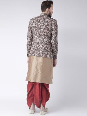 beige solid dhoti kurta set with printed bandhgala jacket - 17585958 - Standard Image - 3