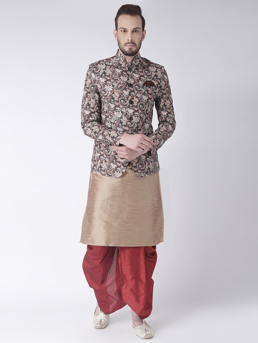 beige solid dhoti kurta set with printed bandhgala jacket - 17585958 - Zoom Image - 1
