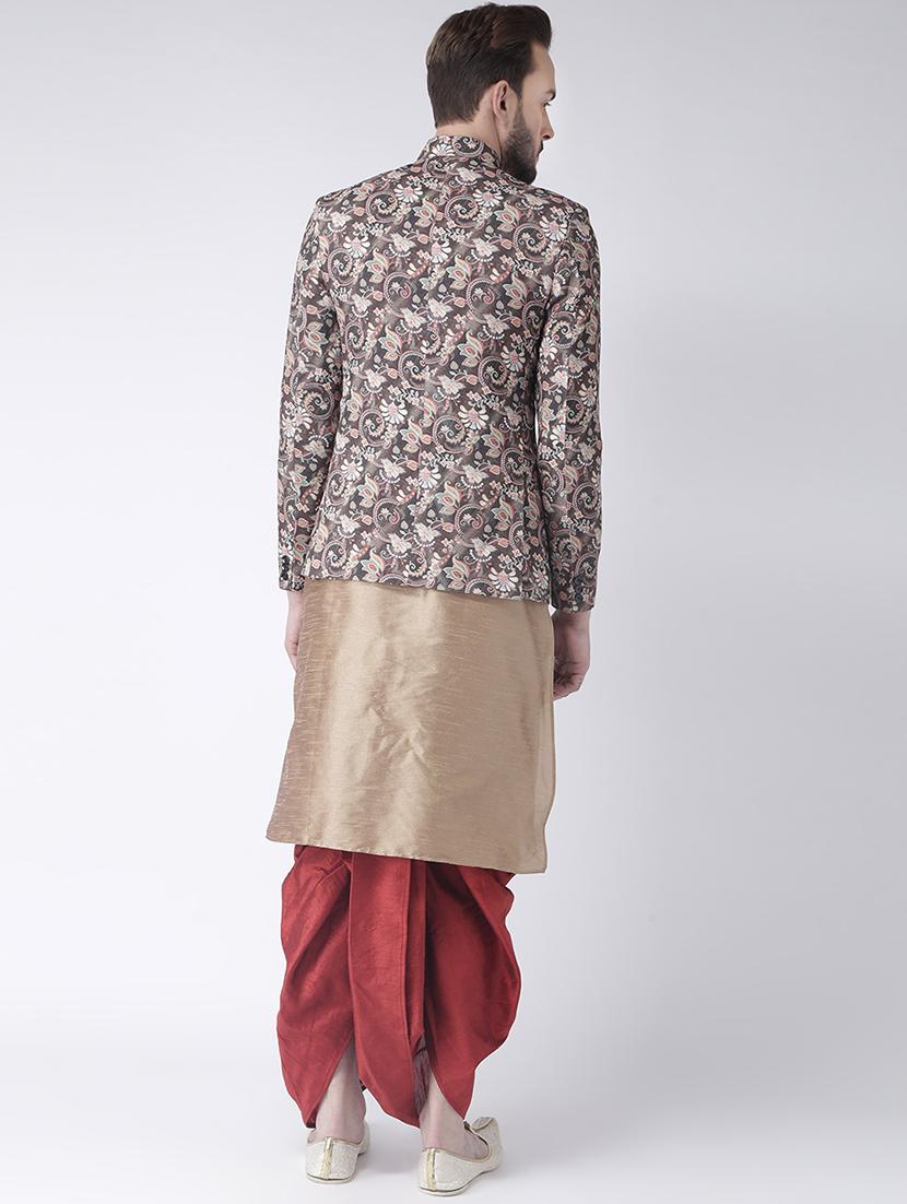 beige solid dhoti kurta set with printed bandhgala jacket - 17585958 - Zoom Image - 3