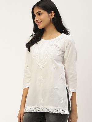 ada hand-embroidered white chikankari kurti with muquish work - 17586617 - Standard Image - 2