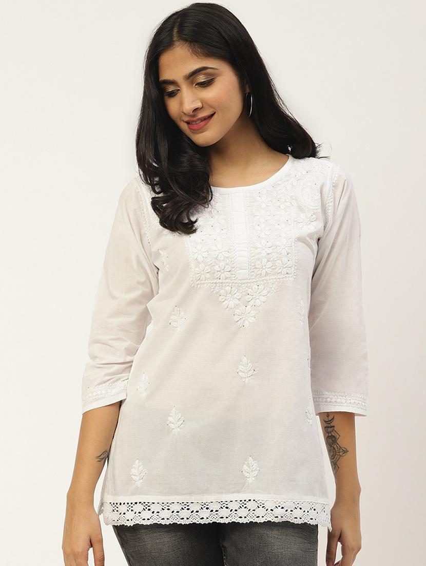 ada hand-embroidered white chikankari kurti with muquish work - 17586617 - Zoom Image - 1
