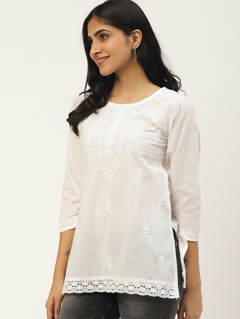 ada hand-embroidered white chikankari kurti with muquish work - 17586617 - Zoom Image - 2