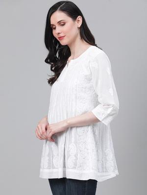 tonal embroidered chikankari cotton a-line kurti - 17586618 - Standard Image - 2