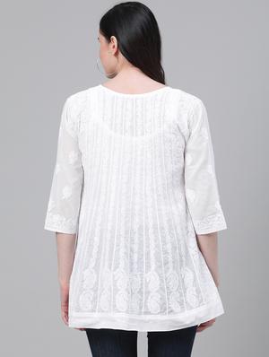 tonal embroidered chikankari cotton a-line kurti - 17586618 - Standard Image - 3