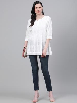 tonal embroidered chikankari cotton a-line kurti - 17586618 - Standard Image - 4