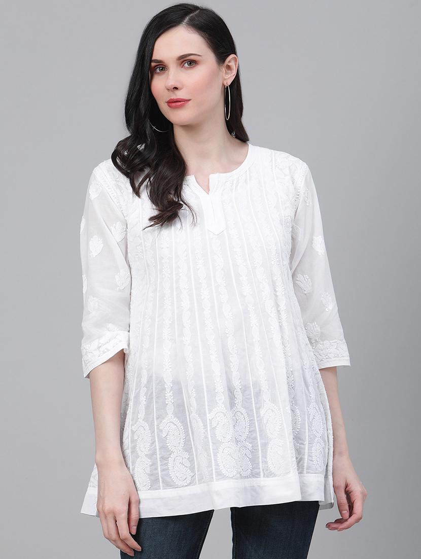 tonal embroidered chikankari cotton a-line kurti - 17586618 - Zoom Image - 1