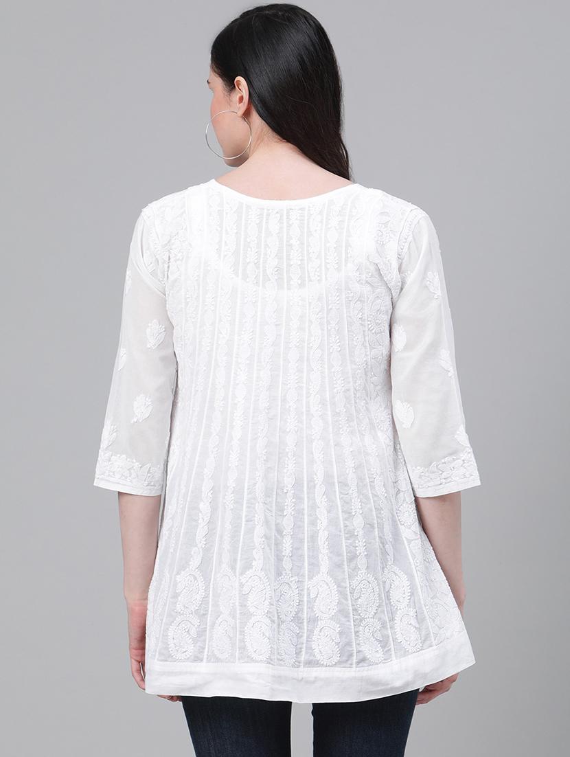 tonal embroidered chikankari cotton a-line kurti - 17586618 - Zoom Image - 3