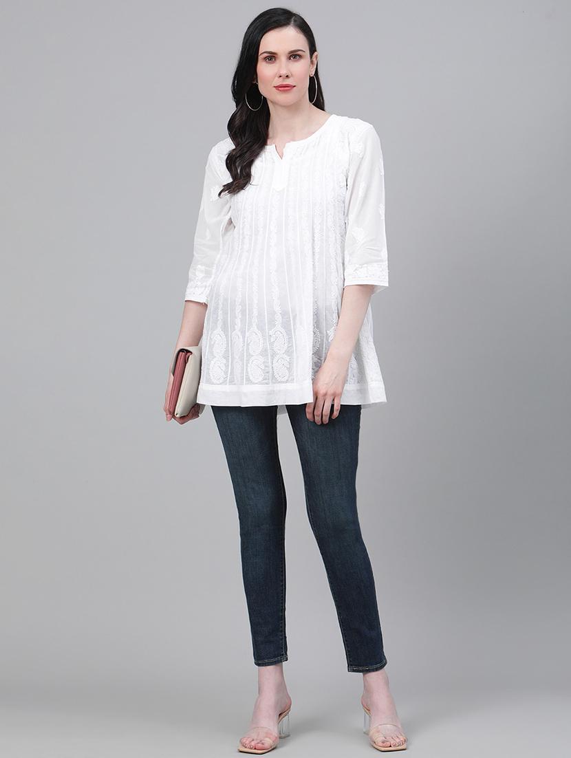 tonal embroidered chikankari cotton a-line kurti - 17586618 - Zoom Image - 4